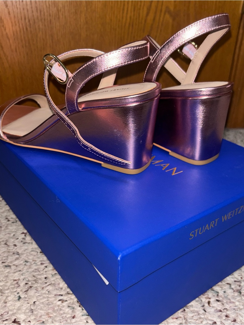 Stuart Weitzman Rose Gold Metallic Wedge Sandals - Picture 4 of 6
